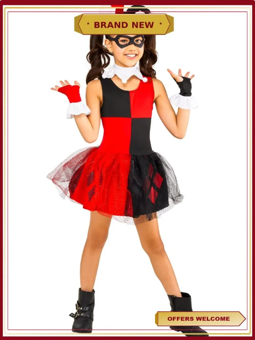 Harley Quinn Costume Girls Size L 10 12 Jester Dress Halloween Rubies